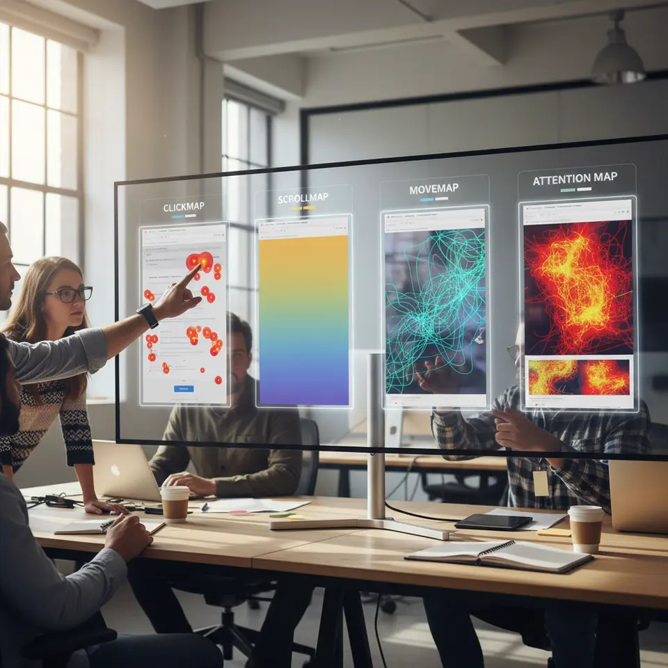 A dashboard-style composition showing four distinct heatmap types side by side: a clickmap with bright red and orange hotspots over buttons and links; a scrollmap with a smooth gradient from warm colors at the top to cool blues at the bottom indicating scroll depth; a move map overlay tracing cursor paths in glowing lines; and an attention map combining click and hover data into intense engagement zones, each panel clearly labeled and color-coded.