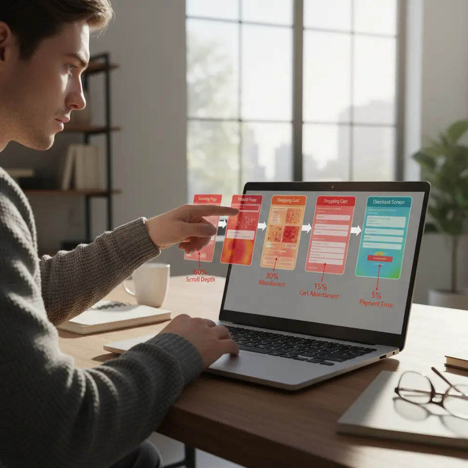 A four-step conversion funnel visualization: landing page, product page, shopping cart, and checkout screen, each overlaid with a semi-transparent heatmap and annotated drop-off percentages at each stage (e.g., 60% scroll depth, 30% abandonment). Include arrows connecting the steps and highlight areas of friction with red callouts for user drop-off.