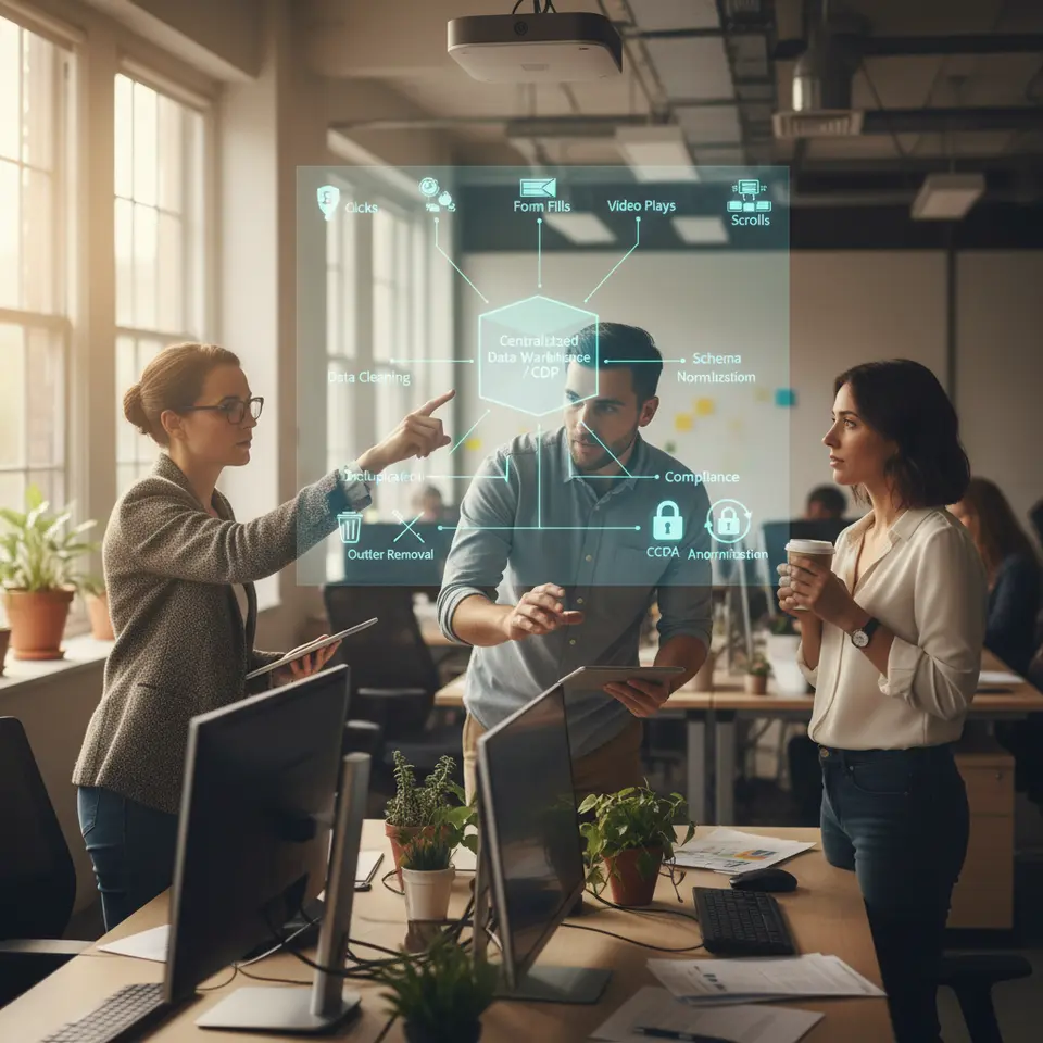 Data Collection and Quality Management flowchart: visualize user interaction events (clicks, form fills, video plays, scrolls) streaming into a centralized data warehouse or CDP, with pipelines for data cleaning (deduplication, outlier removal), schema normalization, and compliance locks/icons for GDPR and CCPA anonymization