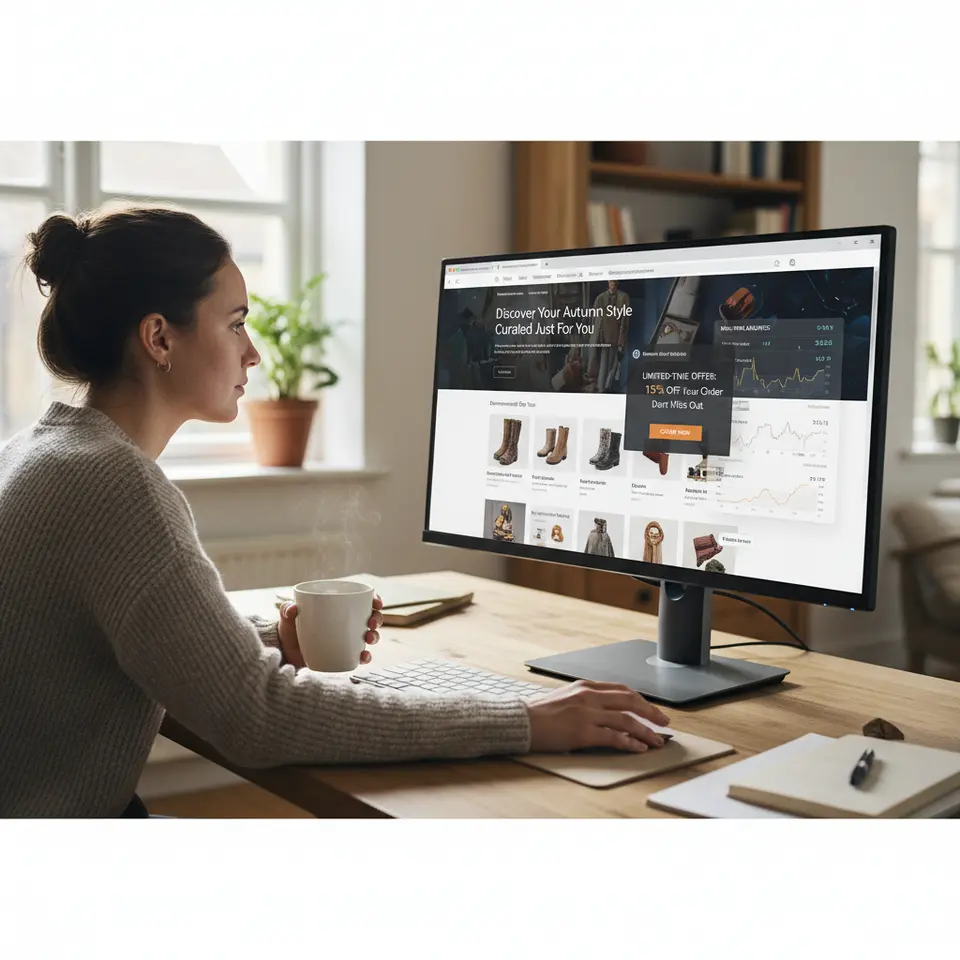 Real-Time Personalization and Automation in action: depict a live website interface where predictive AI dynamically modifies page elements—personalized product recommendations, tailored headlines, an exit-intent pop-up discount triggered as the cursor moves to the toolbar—and includes feature flag canary releases and a real-time metrics panel tracking click-through and conversion rates