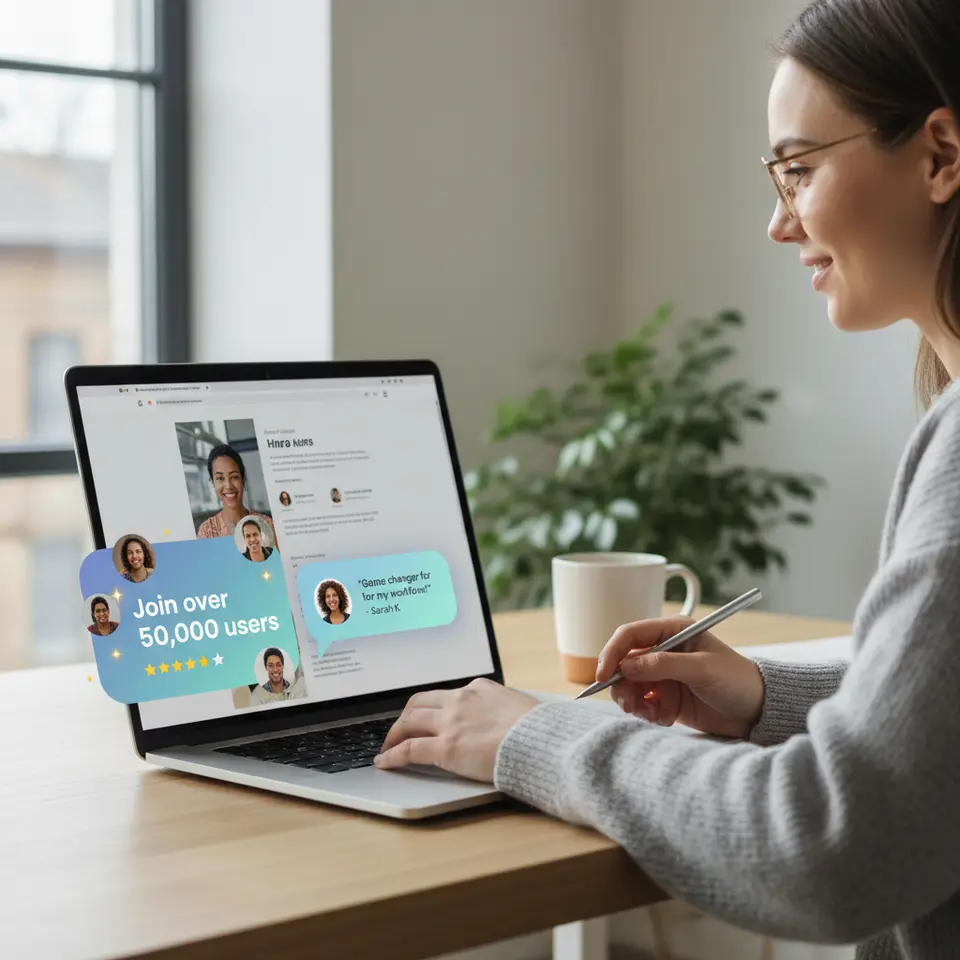 A social-proof overlay on a webpage: depict a floating card showing “Join over 50,000 users,” surrounded by small user avatars and star-rating icons, alongside a brief testimonial bubble with a profile picture and quote; use a modern color palette with trust-conveying accents.