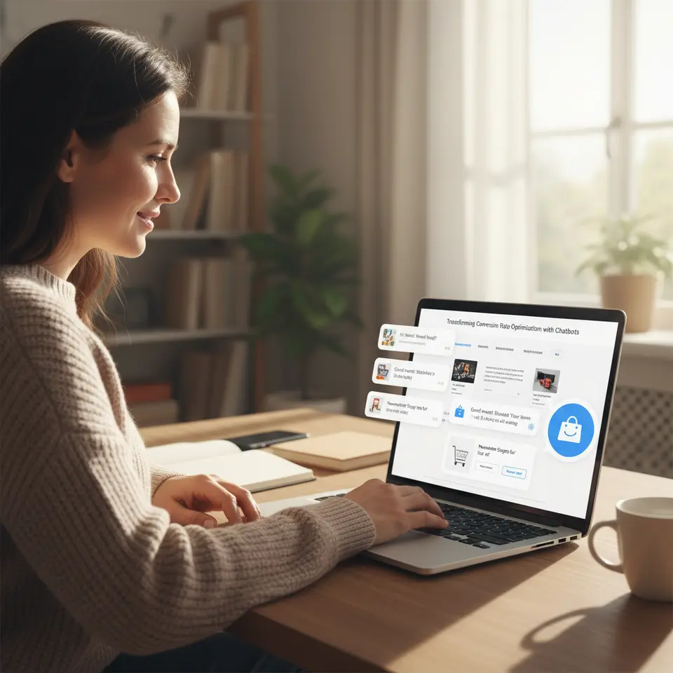 Transforming Conversion Rate Optimization with Chatbots: An illustrated user journey on a website, where a proactive chatbot window pops up on a landing page (timer showing ‘3s’), immediately answers a shipping-cost question, then guides the user step-by-step through product selection and checkout without page reloads, highlighting micro-conversions like newsletter signup and cart recovery along the way.