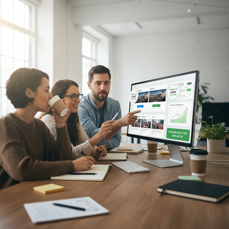 A/B and multivariate testing workflow illustrated as split-screen webpage variants, sample-size indicators, statistical significance charts and winner selection steps